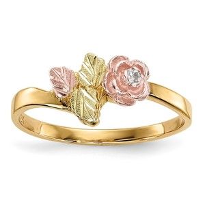 10k Tri-Color Black Hills Gold Diamond Rose Ring, Size 7